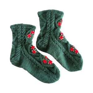 Hand-Knit Cozy Soft Wool Green and Red Christmas Socks
